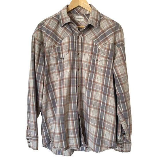 STETSON Western Pearl Snap Button Down Plaid Long Sleeve Flannel Shirt, Large - Picture 1 of 14